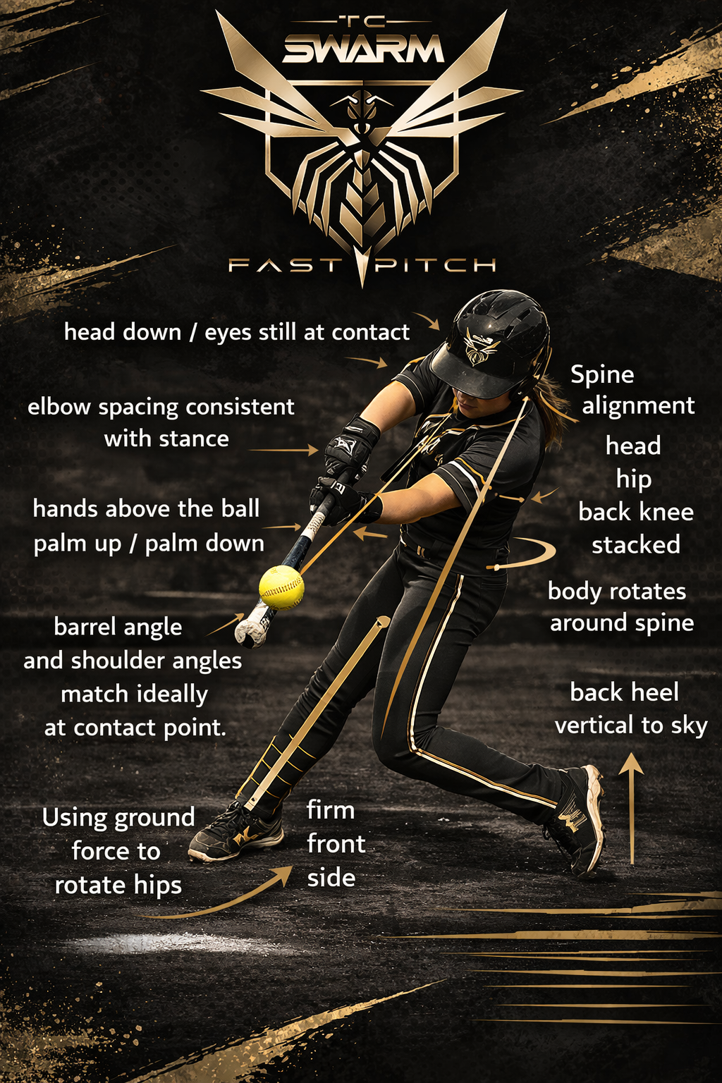 Fastpitch swing analysis showing posture, alignment, barrel angle, and ground force